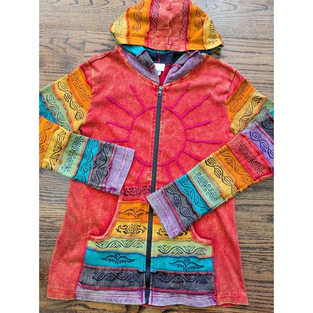 Greater Good Network Patchwork ZipUp Red Hoodie Indie Sleaze Y2K Sun Tribal L/XL - Picture 3 of 11